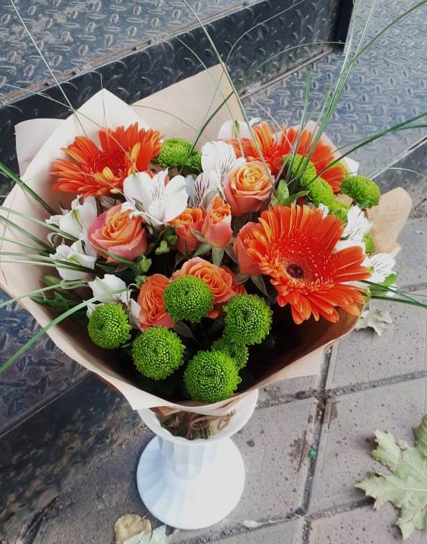 Букет цветов из: Герберы, Хризантемы, Альстромерии и Розы в Бачатском