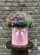 Цветочная композиция из Гипсофила и Розы в шляпной коробке в Бачатском