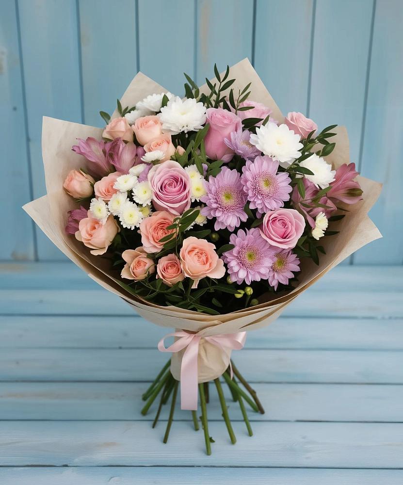 Букет цветов из: Хризантемы, Розы и Альстромерии в Бачатском