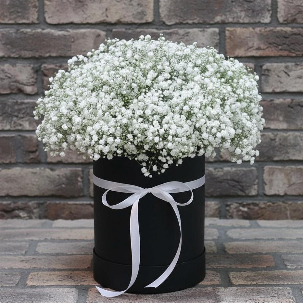 Цветочная композиция из Гипсофила в шляпной коробке в Бачатском