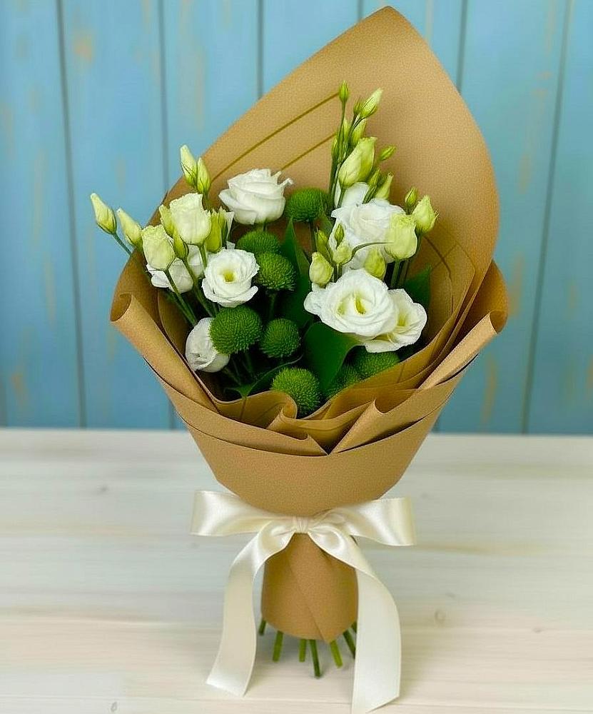 Букет цветов из: Хризантемы и Лизиантусы в Бачатском