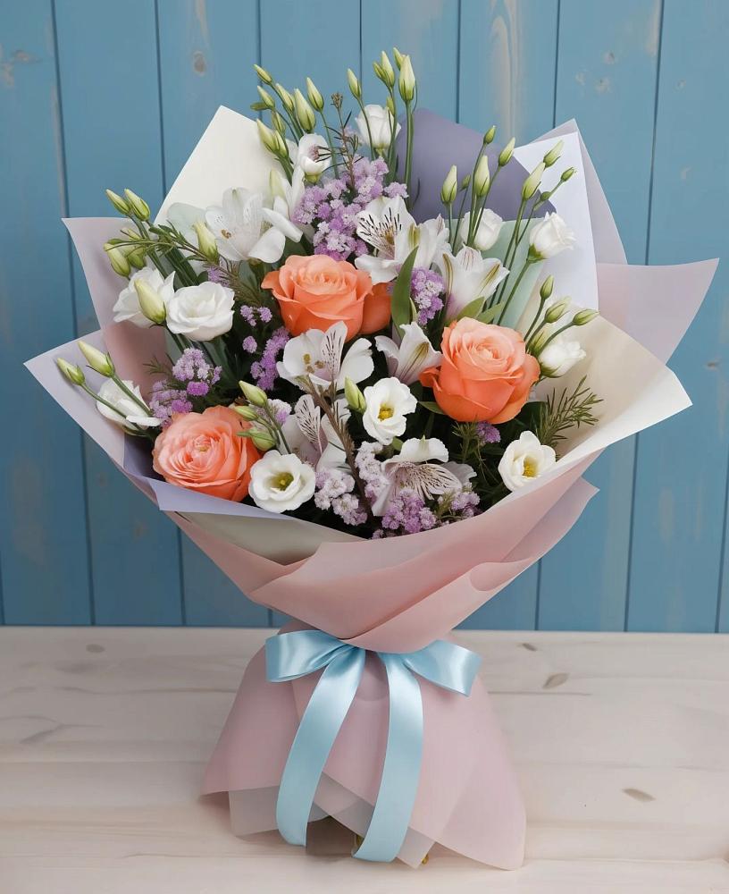 Букет цветов из: Лизиантусы, Розы, Альстромерии и Гипсофила в Бачатском