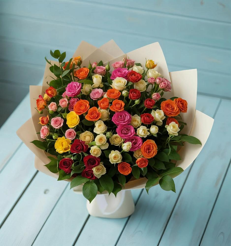 Букет Микс из разноцветных кустовых роз в Бачатском