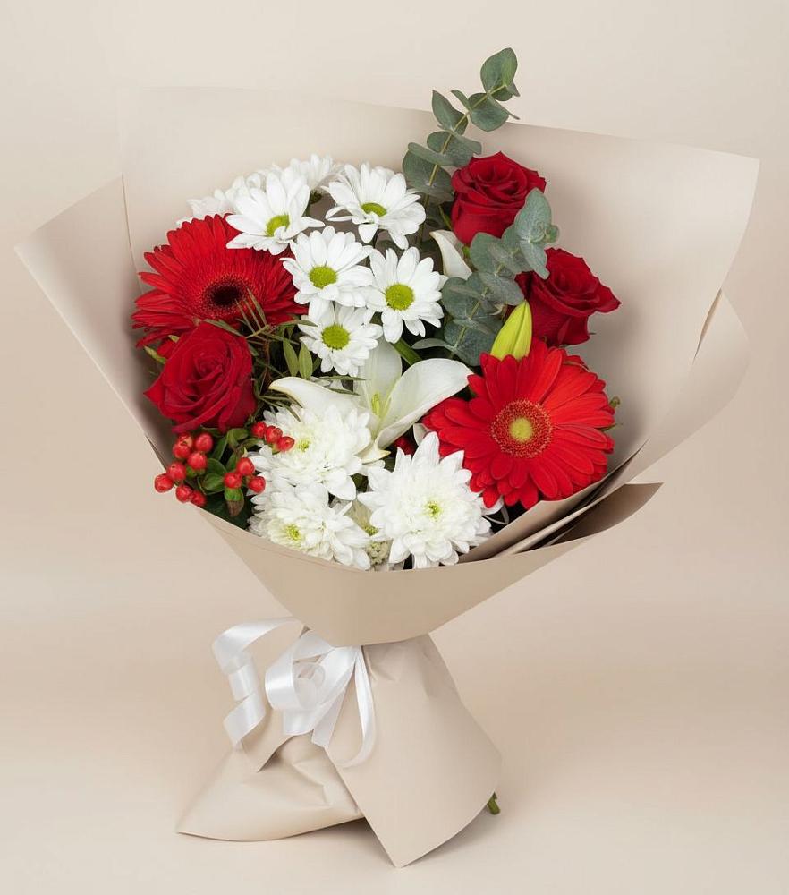 Букет цветов из: Розы, Хризантемы, Герберы и Лилии в Бачатском