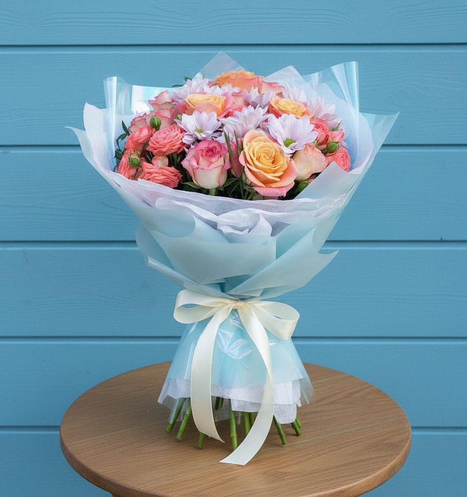 Букет цветов из: Хризантемы и Розы в Бачатском